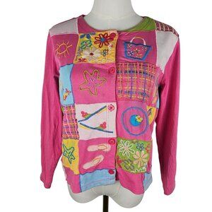 Michael Simon Embroidered Patchwork Cardigan Small Pink Flaws